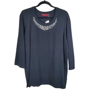 Cyrus Woman Rhinestone  Neckline Three Quarter Sleeves Black Size 3X New Top